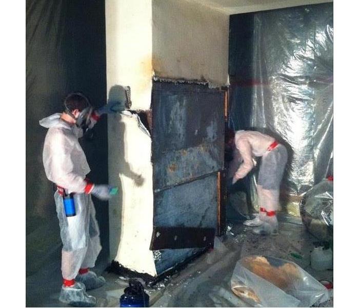 Technicians in protective suits at a mold job